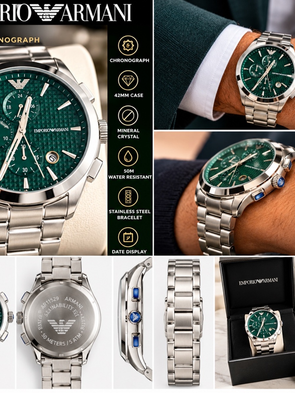Emporio Armani Men's Stainless Steel Watch - Green Dial